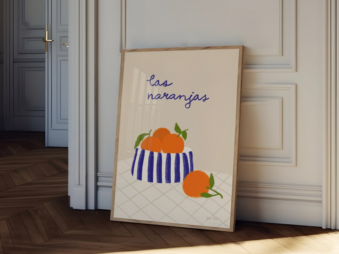 Las Naranjas Oranges in Striped Bowl Blue Brush Kitchen Poster