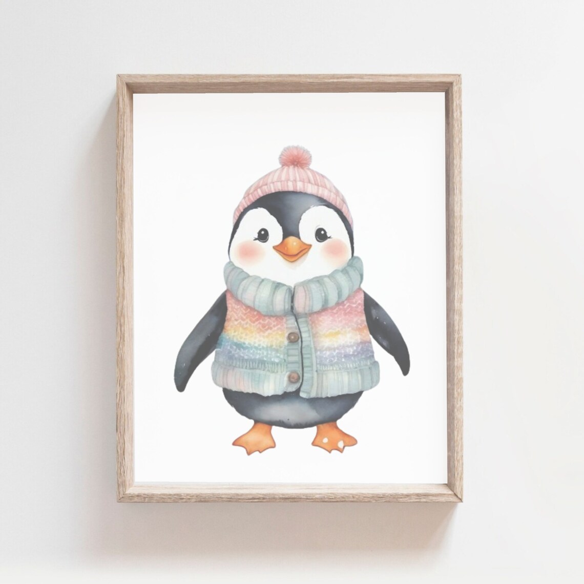 Baby Penguin in Knit Hat and Sweater Vest Watercolor Winter Poster - Image 2