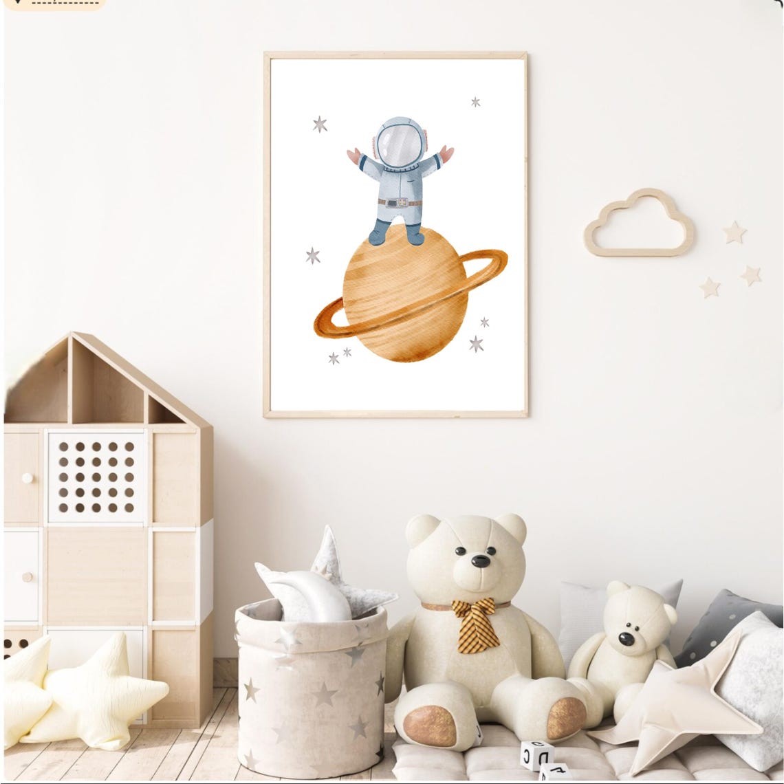 Astronaut Standing on Saturn Arms Wide Watercolor Space Nursery Poster - Image 2