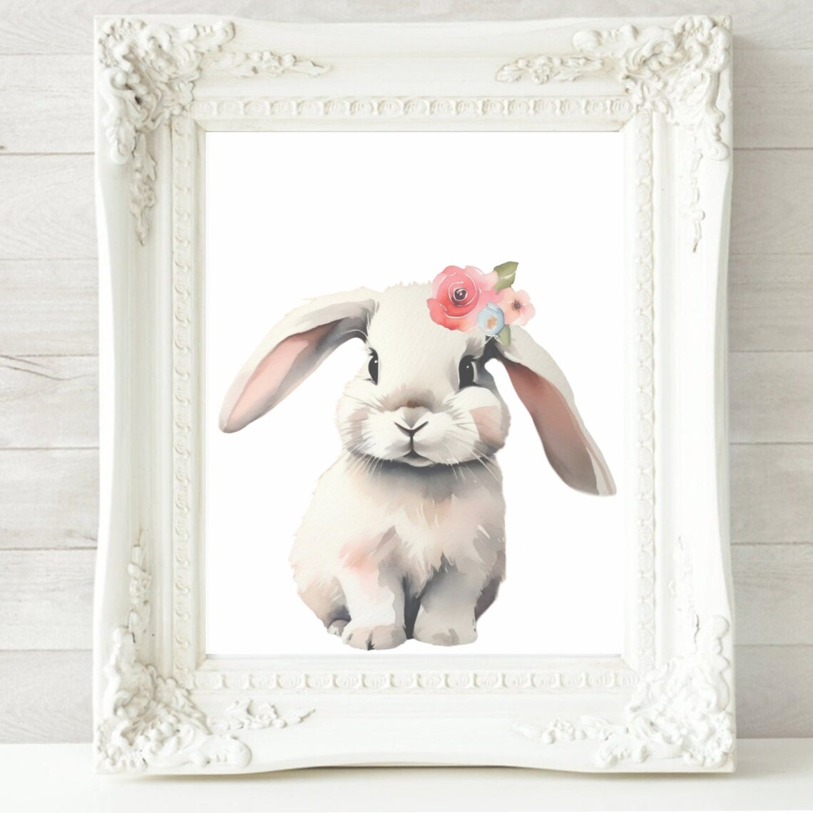 Cute Lop Bunny Rabbit Pink Flower Floppy Ears Watercolor Nursery Poster - Image 2