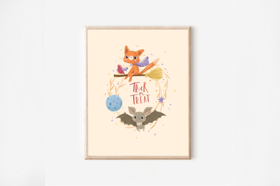 Trick or Treat Fox Broom Bat Owl Cute Kids Halloween Night Poster
