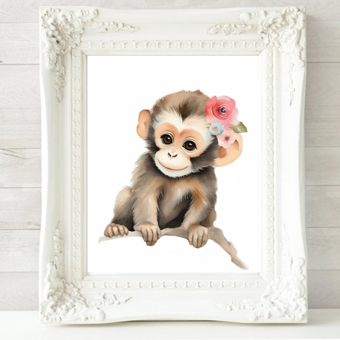Sweet Baby Monkey Flower Crown Sitting On Branch Nursery Poster - Image 2