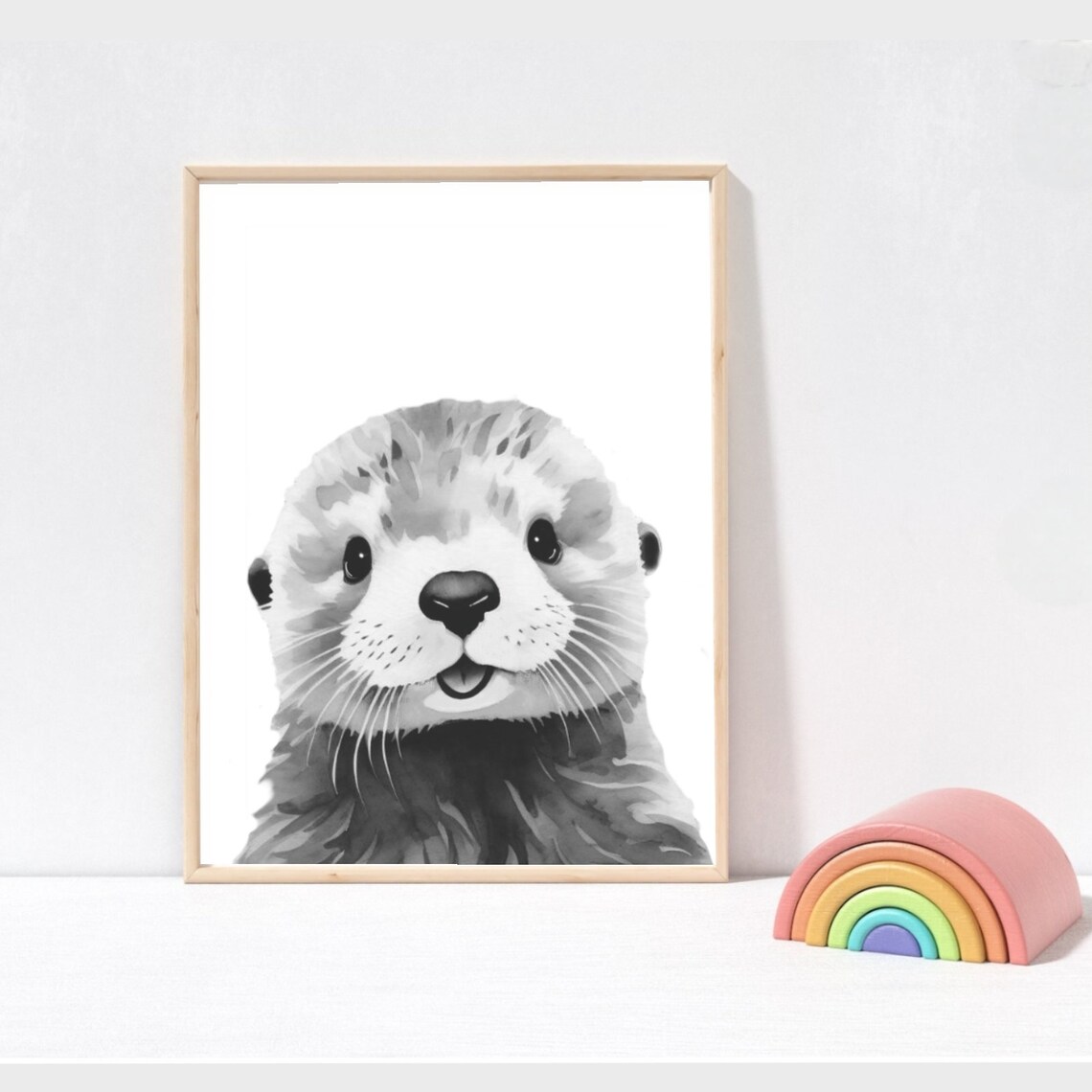 Baby Otter Portrait Black and White Watercolor Nursery Animal Art Poster