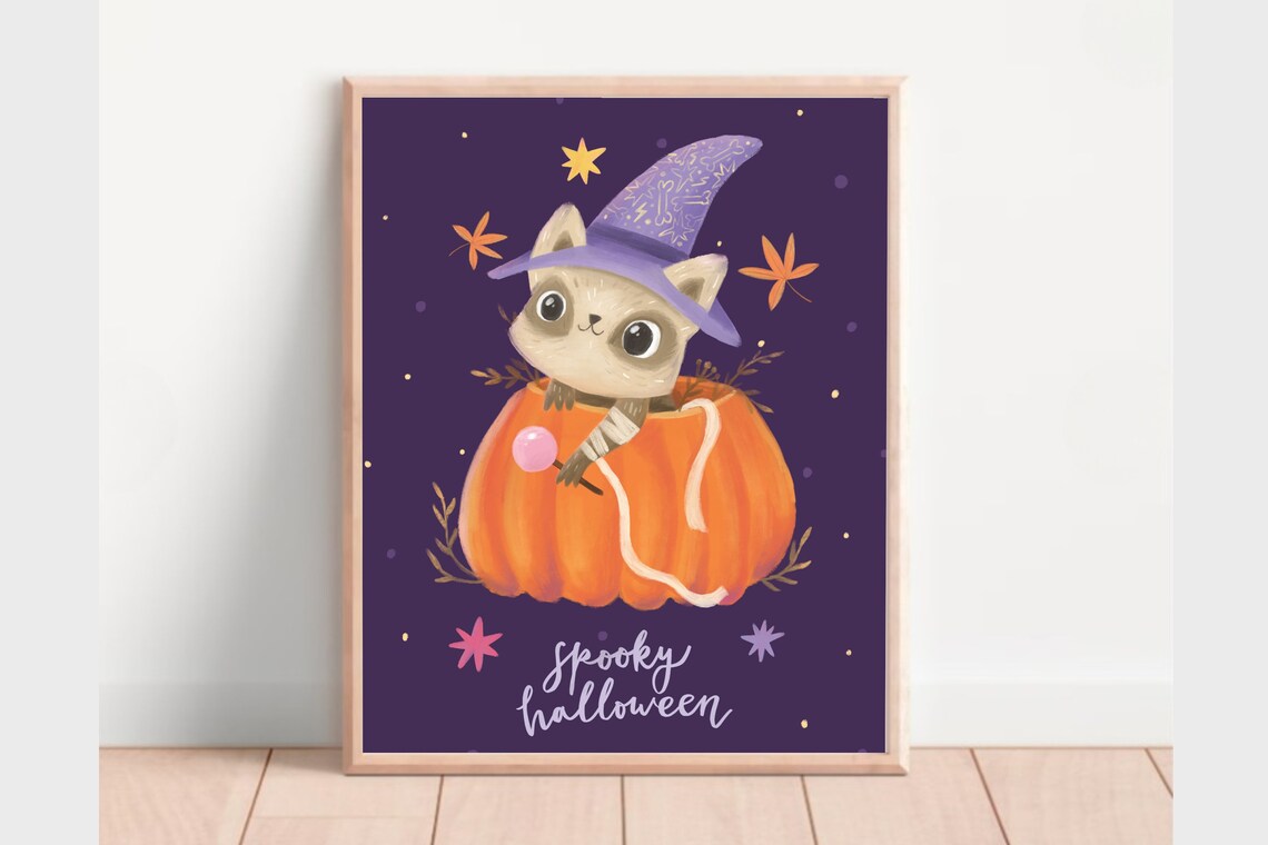 Spooky Halloween Kitten Witch Pumpkin Watercolor Kids Art Poster - Image 2