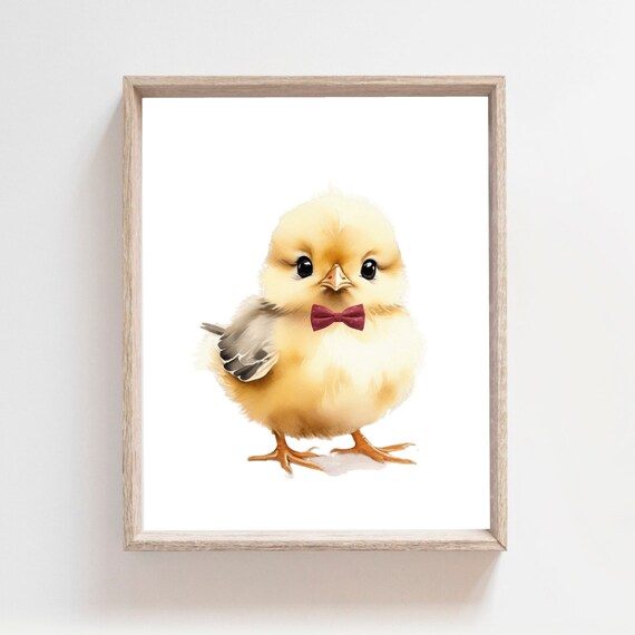 Cute Fluffy Baby Chick Red Bow Tie Watercolor Nursery Poster