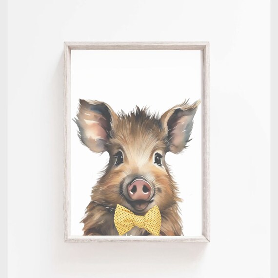 Adorable Baby Piglet Yellow Bow Tie Watercolor Nursery Poster