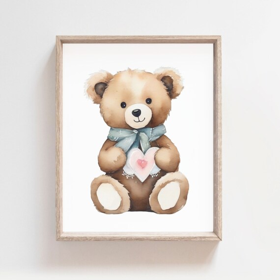 Cute Teddy Bear Blue Bow Pink Heart Watercolor Room Art Poster