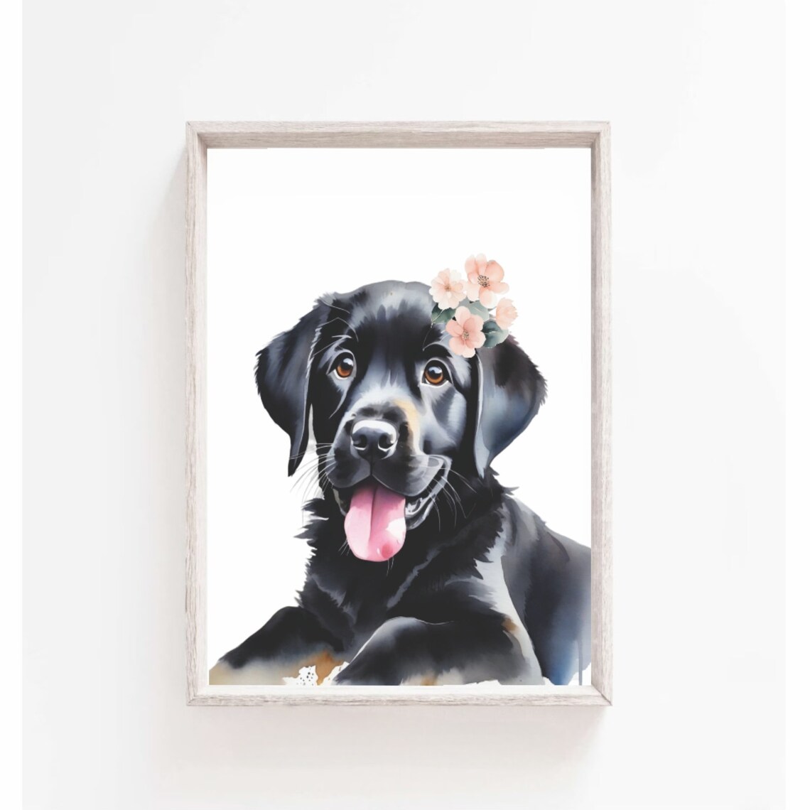 Black Labrador Puppy with Pink Flower Crown Girls Nursery Art Poster - Image 2