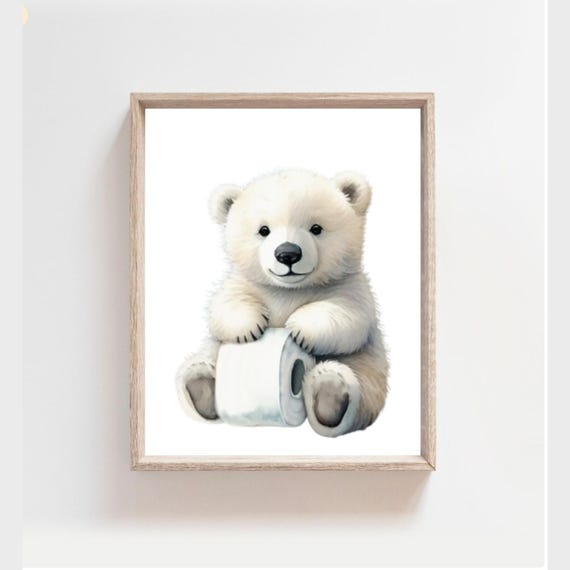 Polar Bear Cub Holding Toilet Paper Roll Funny Bathroom Poster