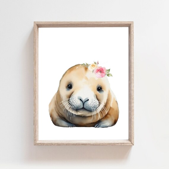 Watercolor Walrus Flower Crown Arctic Nursery Baby Animal Poster