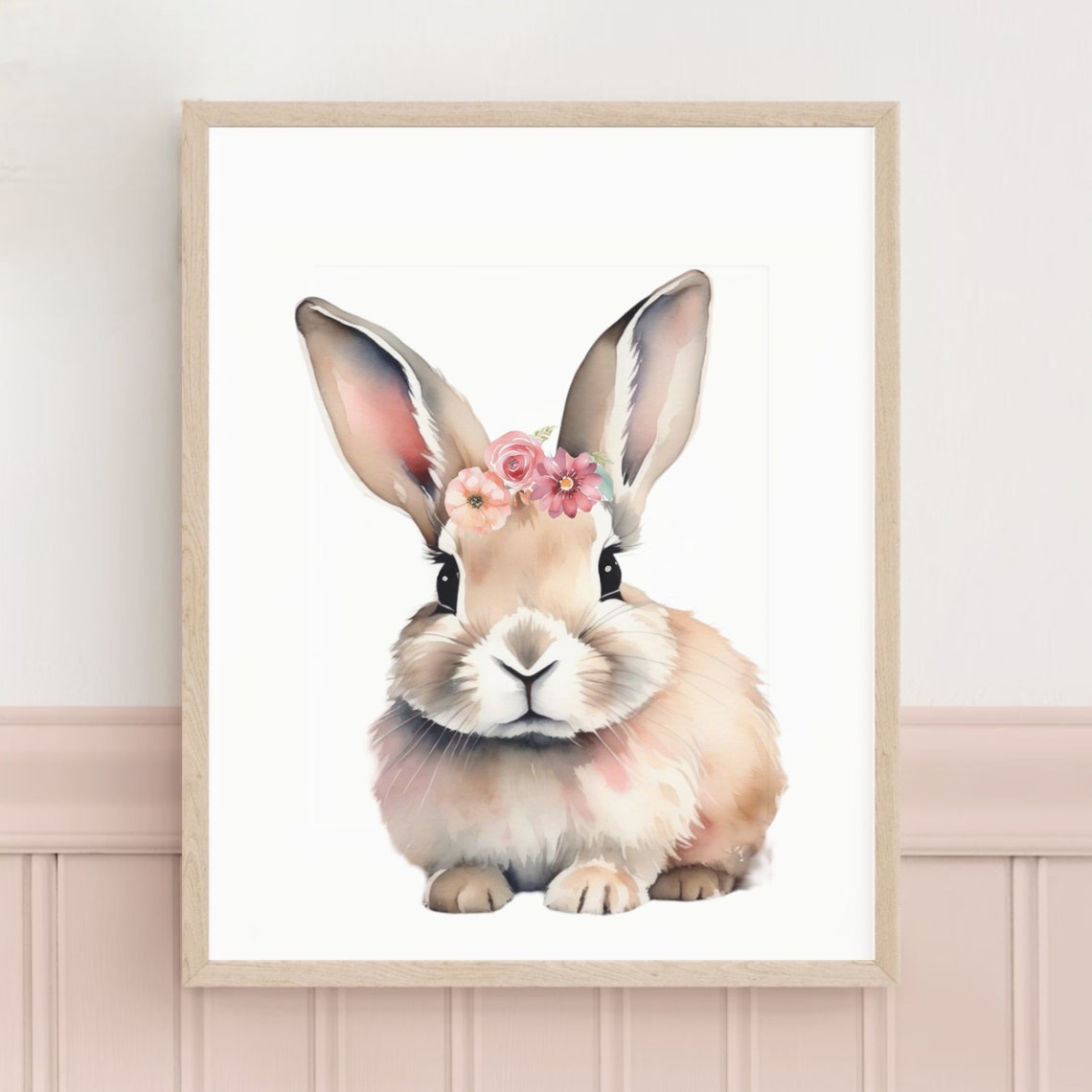 Cute Brown Bunny Rabbit Pink Flower Crown Watercolor Nursery Poster - Image 2