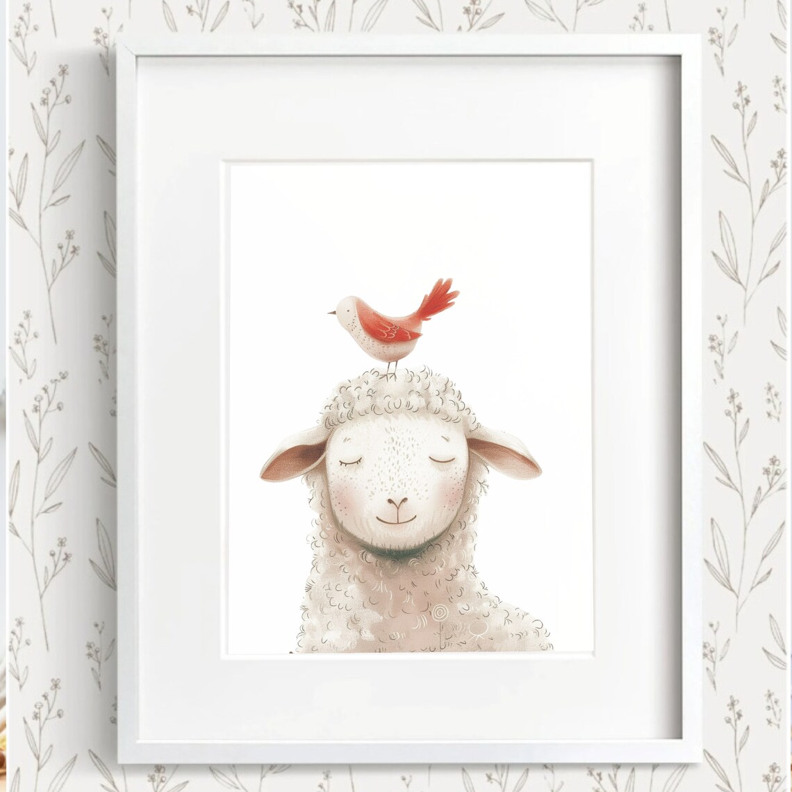 Smiling Lamb Red Bird Watercolor Farm Animal Nursery Kids Poster - Image 2