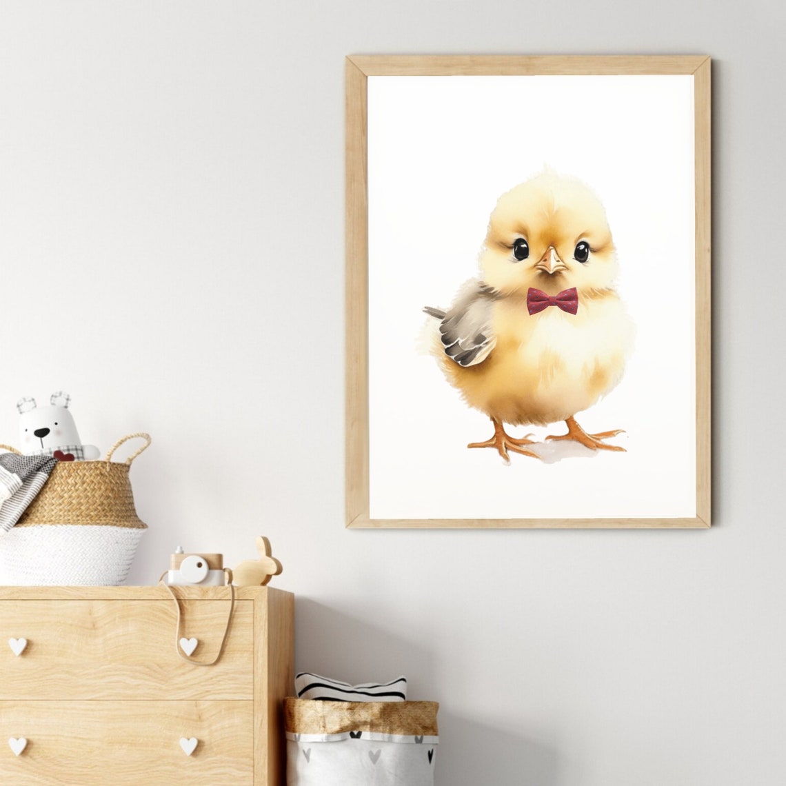 Cute Fluffy Baby Chick Red Bow Tie Watercolor Nursery Poster - Image 2