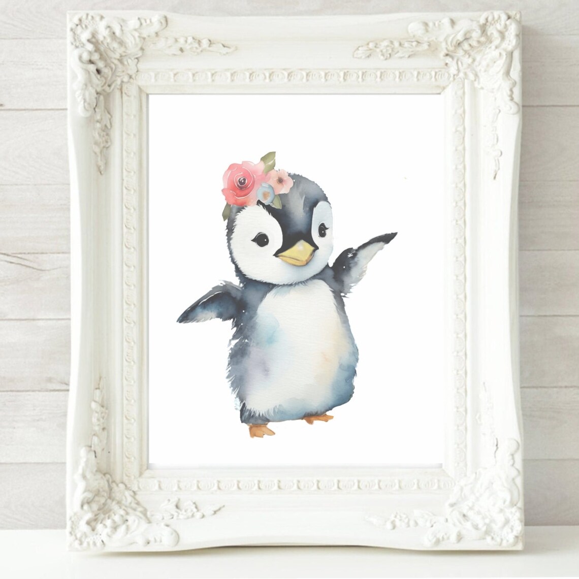 Baby Penguin With Flower Crown Waving Watercolor Nursery Poster - Image 2