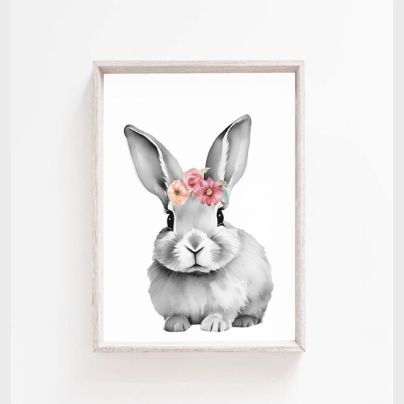 Sweet Gray Bunny Rabbit Pink Flower Crown Watercolor Nursery Poster