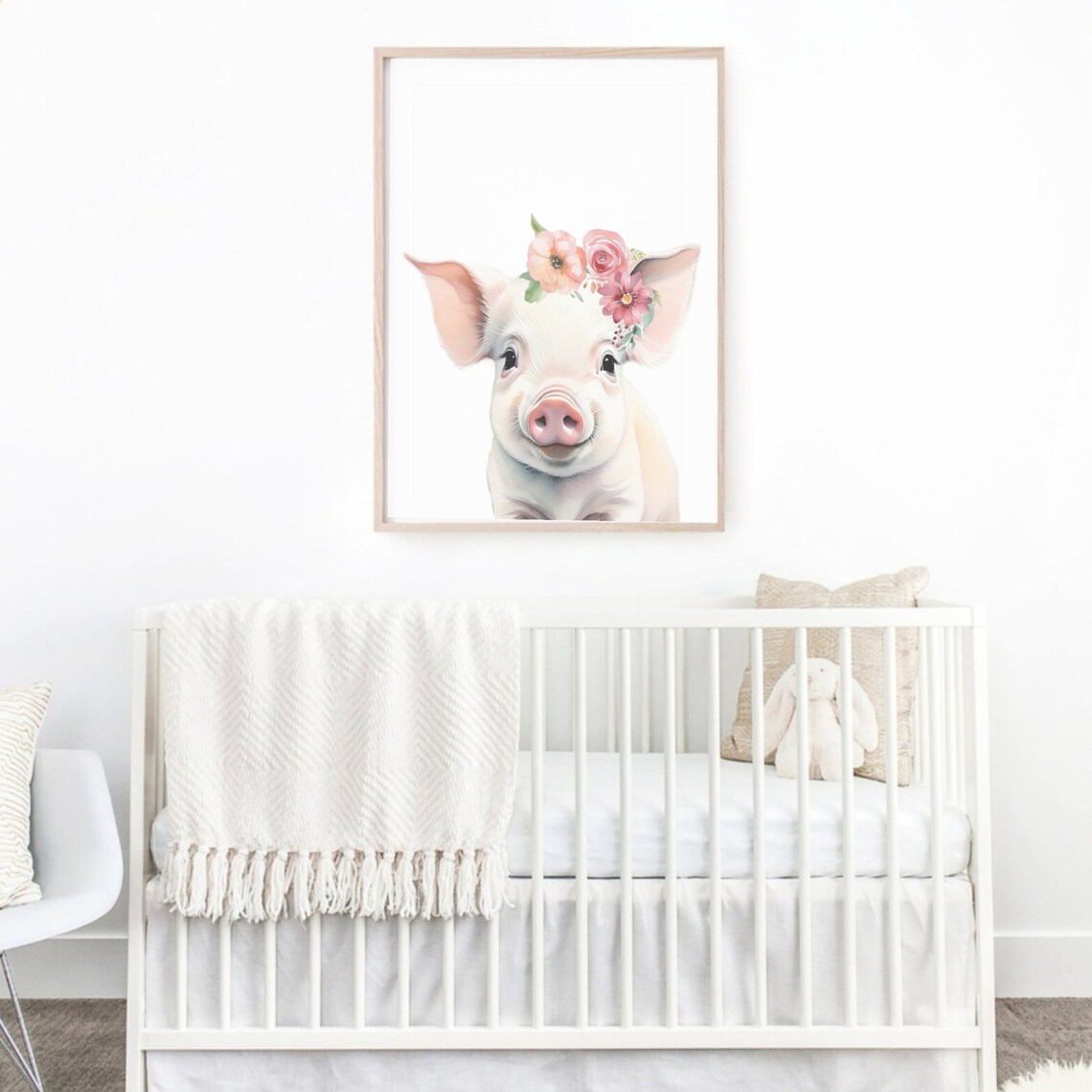 Sweet Cute Baby Pig Pink Flower Crown Watercolor Nursery Poster - Image 2