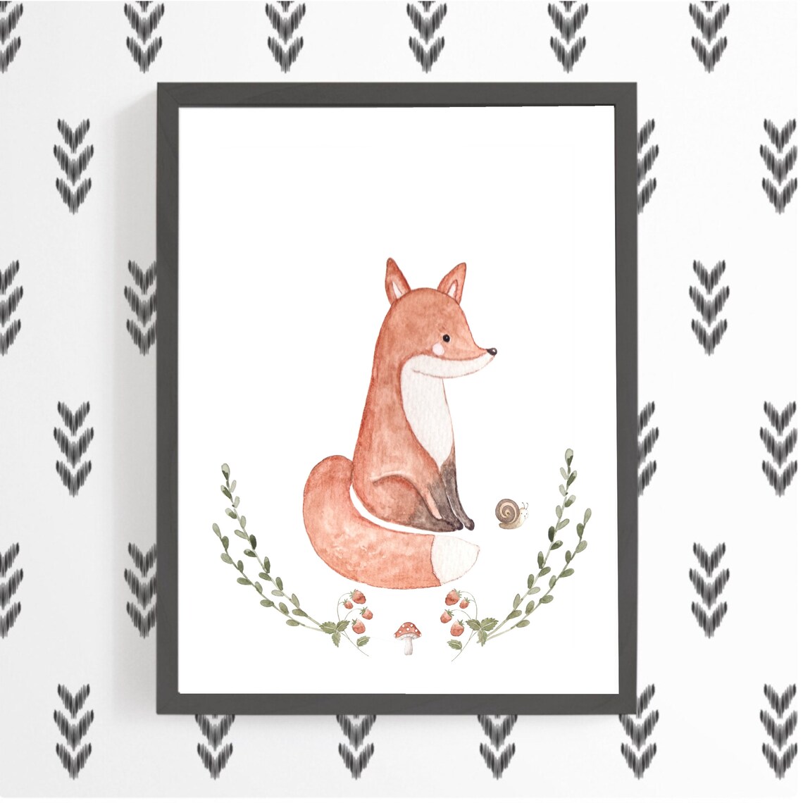 Sitting Red Fox With Eucalyptus Leaf Wreath Woodland Watercolor Nursery Poster - Image 2