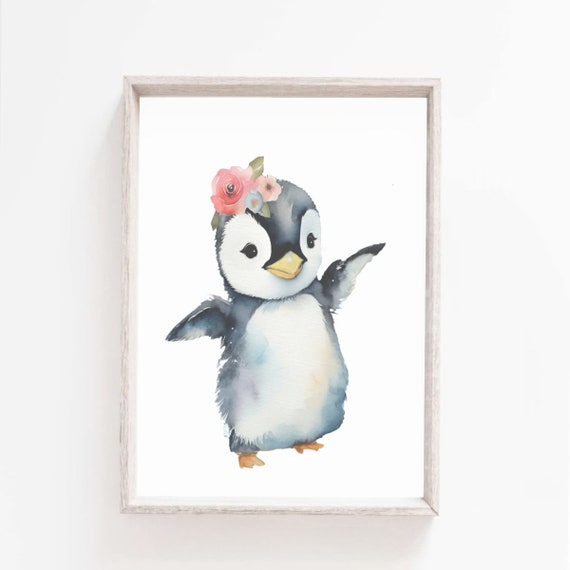 Penguin Print Nursery Wall Art Baby Animal Prints Nursery Decor Wall Art Floral Penguin Girls Room Poster