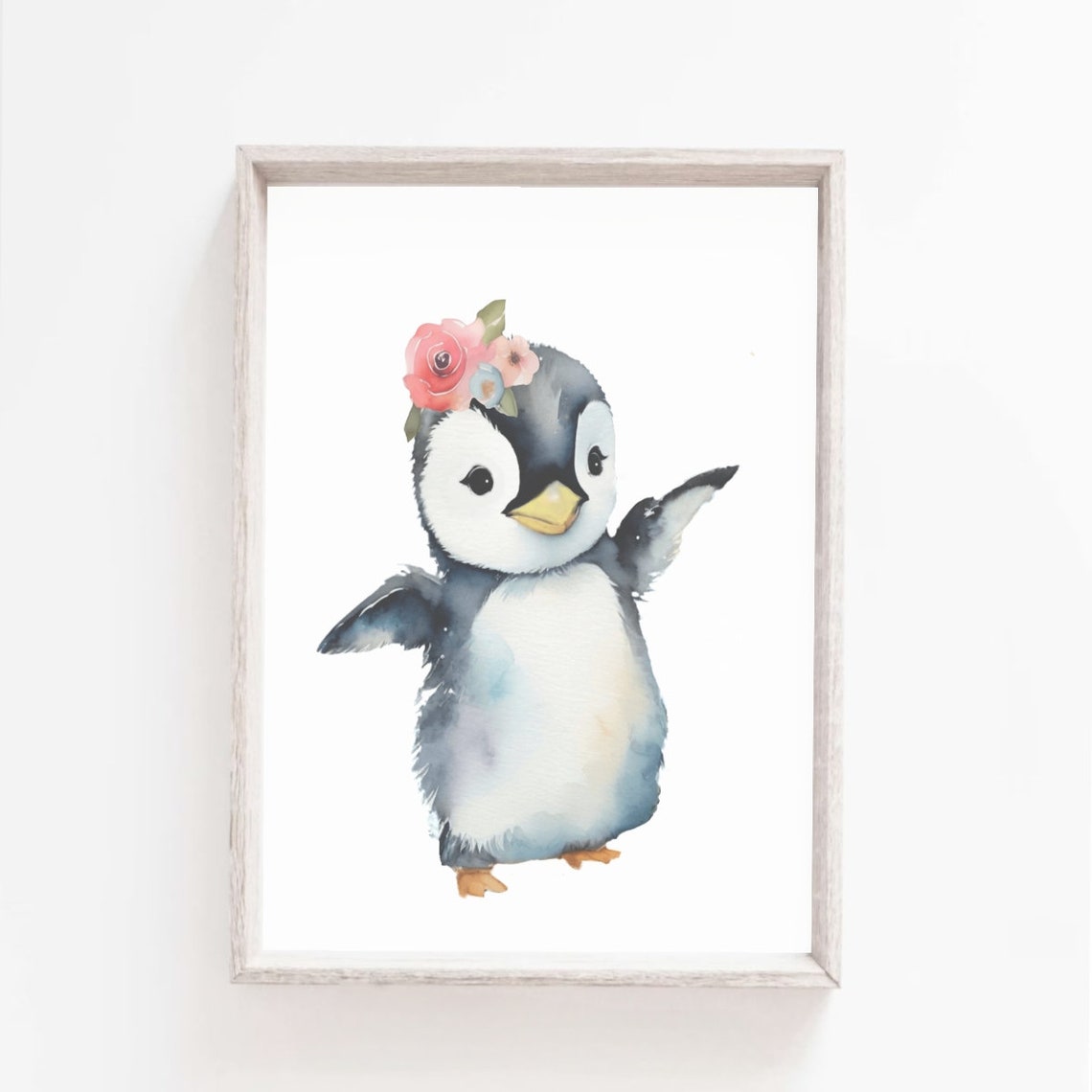 Baby Penguin With Flower Crown Waving Watercolor Nursery Poster