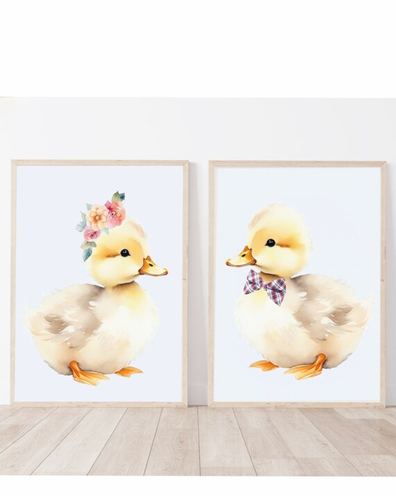 Flower Crown And Bowtie Duckling Pair Watercolor Kids Nursery Wall Art