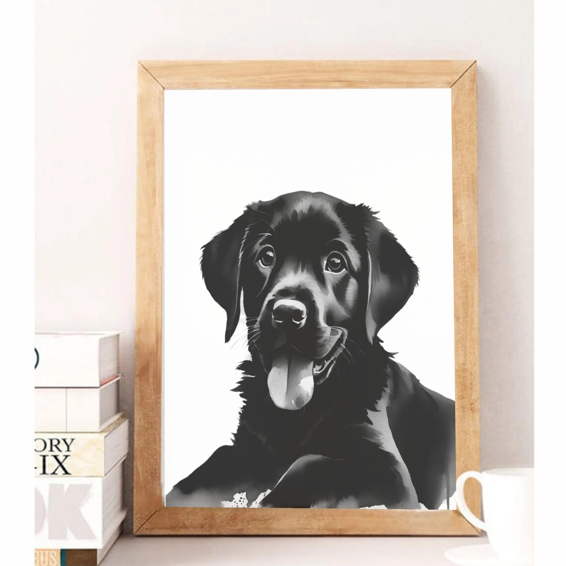 Happy Black Labrador Puppy Portrait Black and White Nursery Art Poster - Image 2