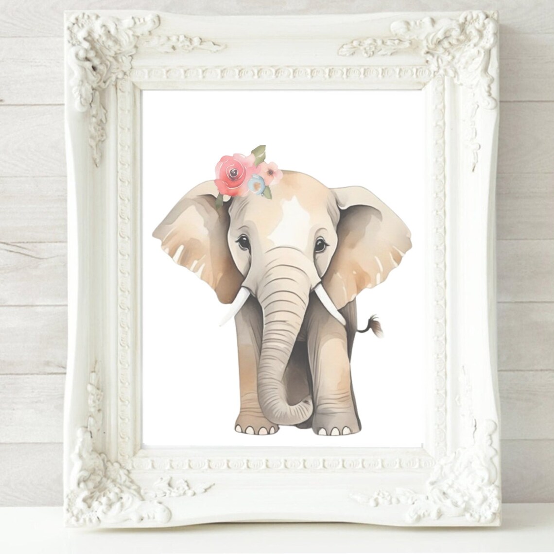 Baby Elephant With Pink Flower Crown Safari Nursery Watercolor Poster - Image 2