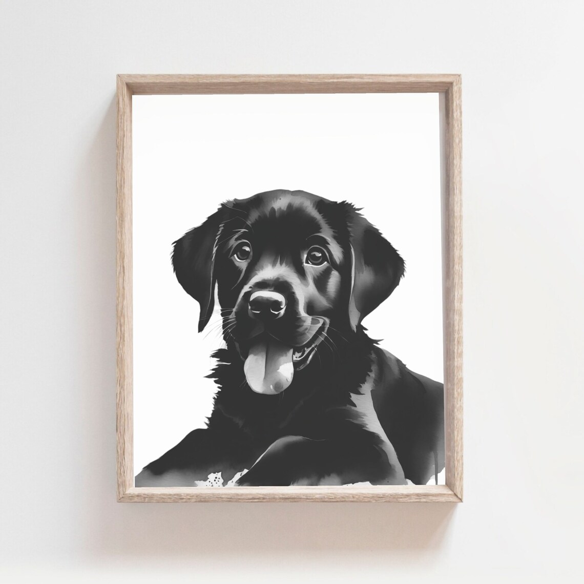 Happy Black Labrador Puppy Portrait Black and White Nursery Art Poster
