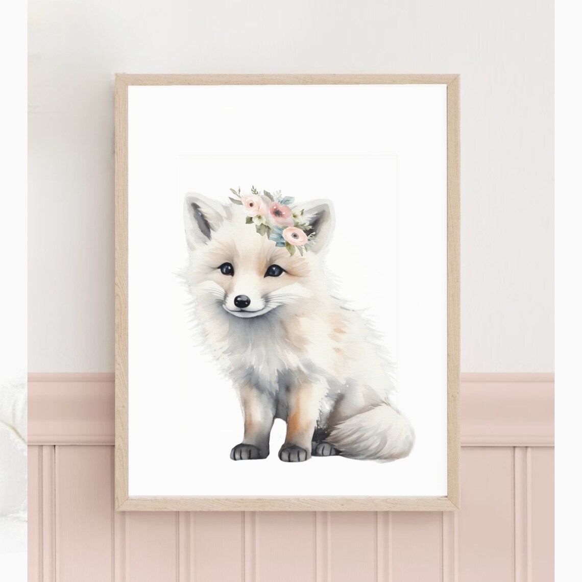 Sweet White Fox Baby Flower Crown Watercolor Nursery Art Poster