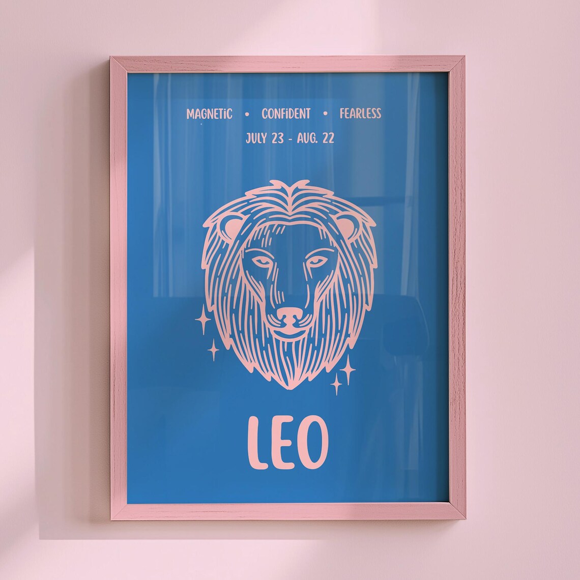 Leo Zodiac Lion Head Pink Line Art Blue Astrology Star Sign Poster