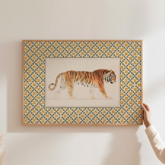 Vintage Tiger Art Print, Muted Neutral Maximalist