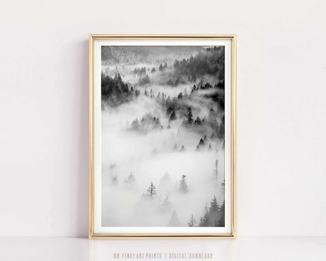 Foggy Forest Nordic Landscape, Black And White Art Print - Image 3