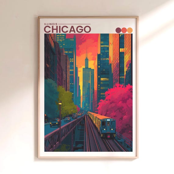 Chicago Skyline Travel Poster Sunset L Train Cityscape Art