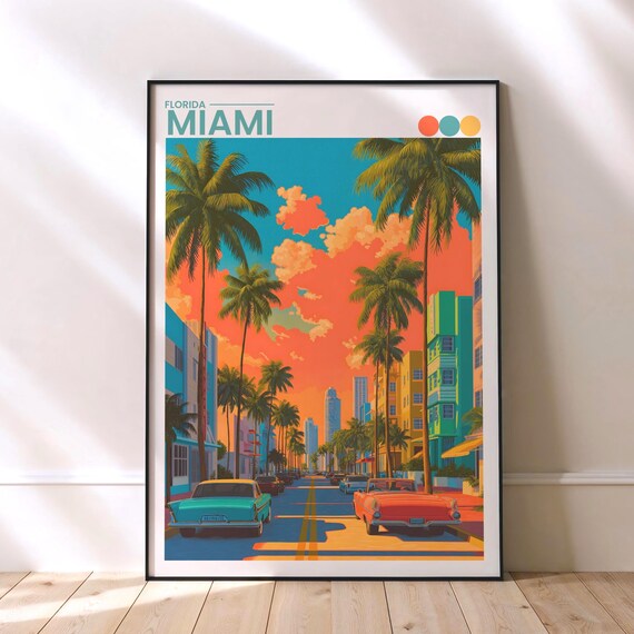 Miami Florida Art Deco Beach Sunset Palm Street Vintage Travel Poster