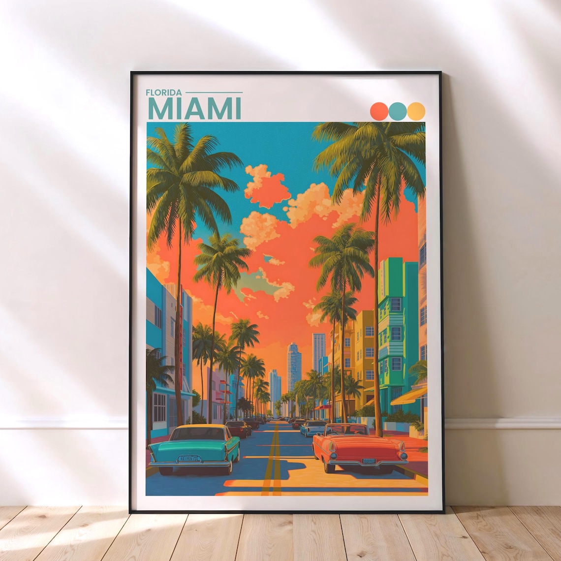 Miami Florida Art Deco Beach Sunset Palm Street Vintage Travel Poster