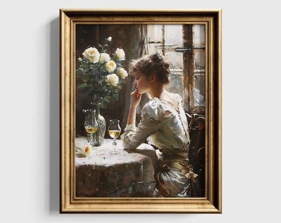 Woman With Wine Art Print Vintage Victorian Decor Wine Lover Gift Second Thoughts Valentines Moody Wall Art