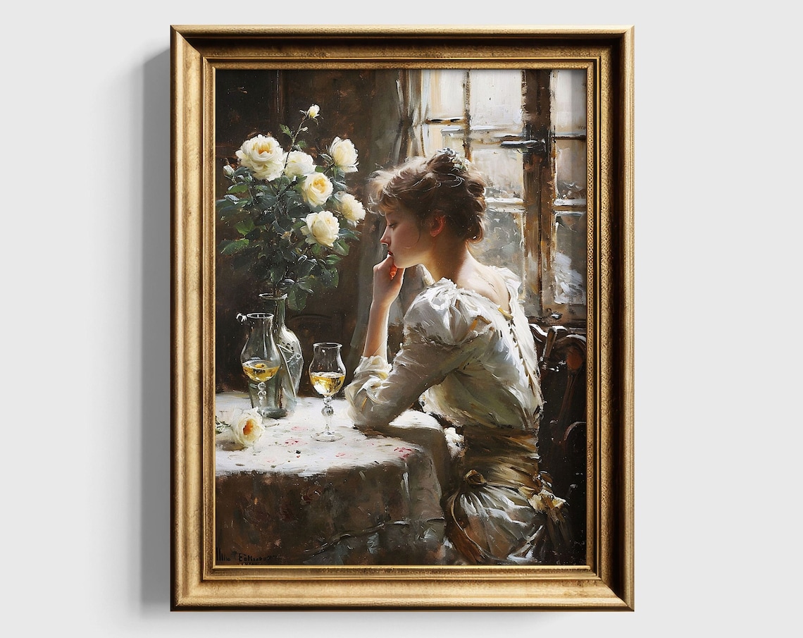 Vintage Woman with White Roses at Window Table Oil Painting Poster