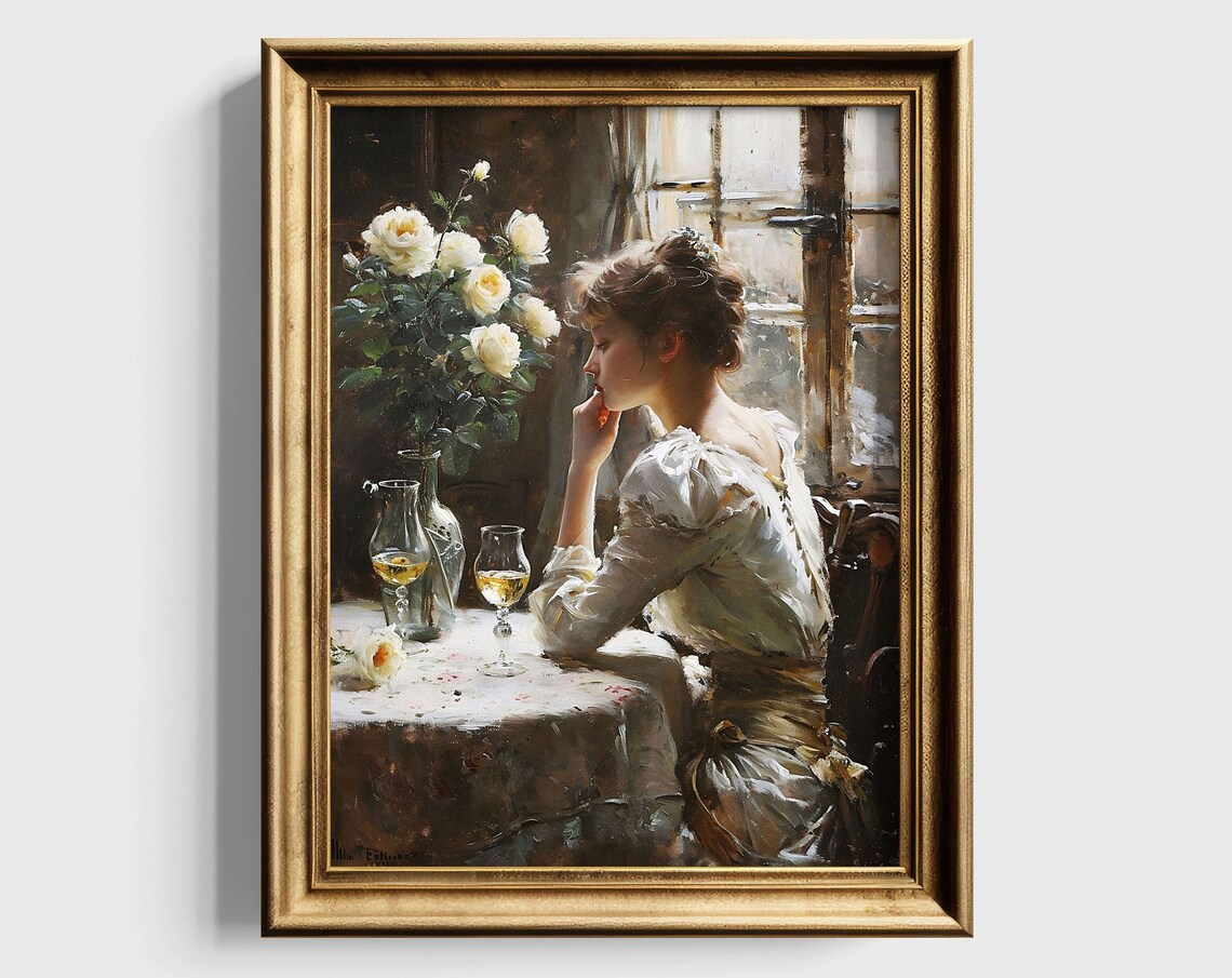 Woman With Wine Art Print Vintage Victorian Decor Wine Lover Gift Second Thoughts Valentines Moody Wall Art