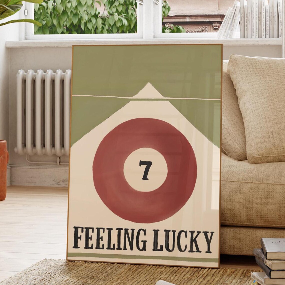 Lucky Seven Pool Ball Feeling Lucky Retro Sage Green Game Room Bar Poster
