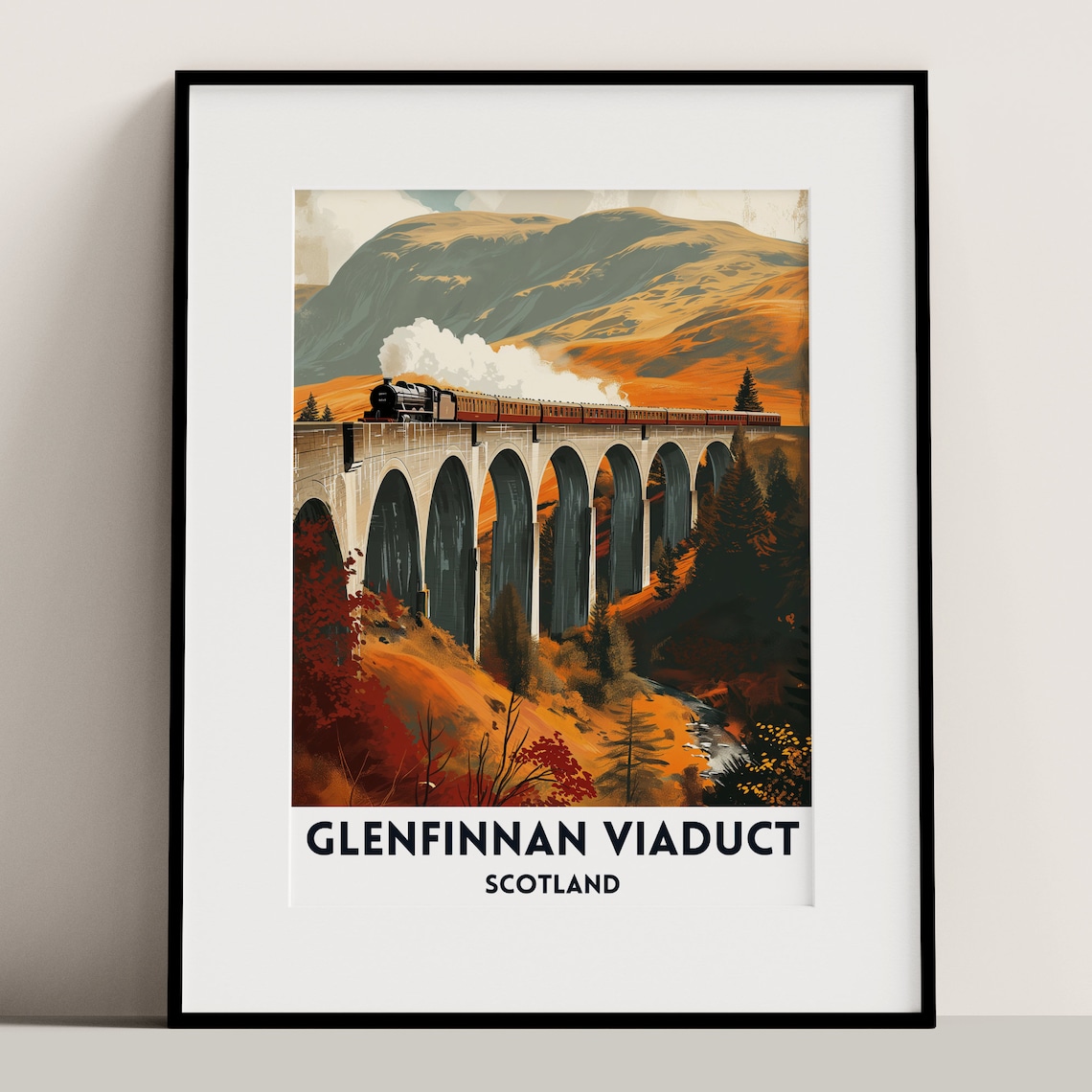 Glenfinnan Viaduct Scotland Steam Train Autumn Hills Travel Poster