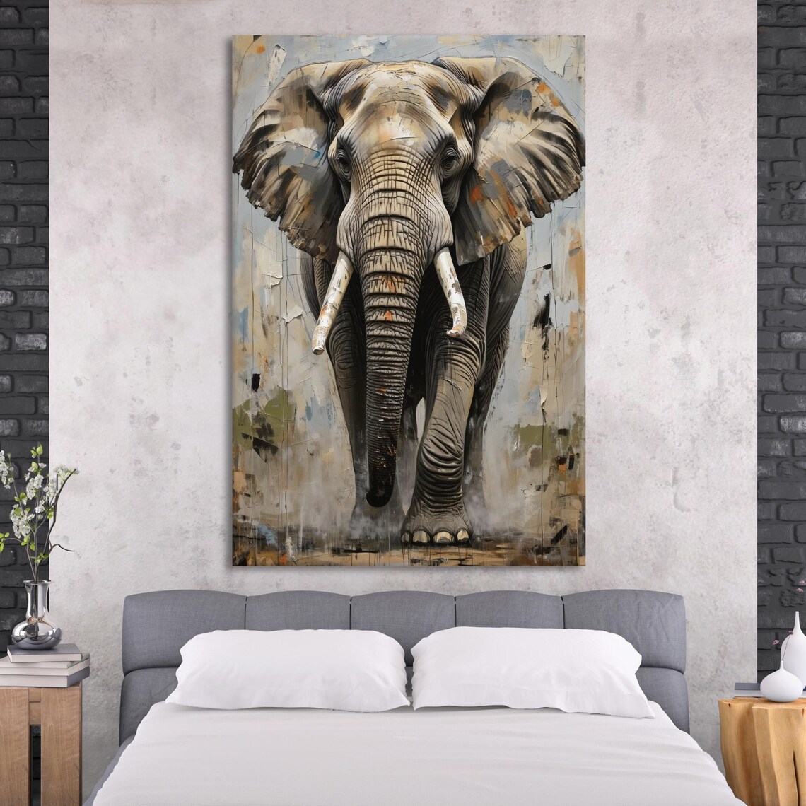 Walking Elephant Front View Textured Earthy Wildlife Art Poster