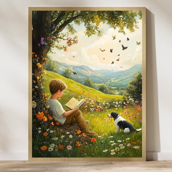 Boy Reading Under Tree Poster Meadow Dog Butterflies Mountain Scene