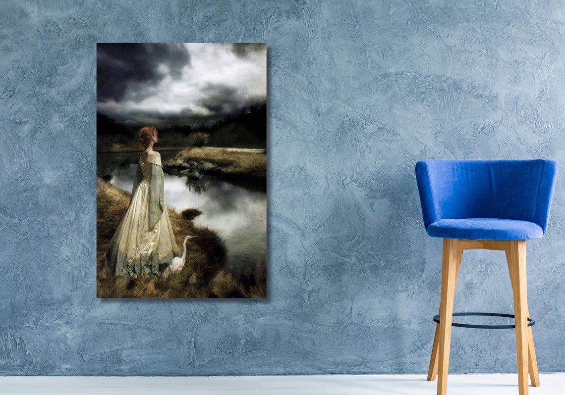 Mysterious Woman White Dress Misty River Crane Gothic Art Poster - Image 2