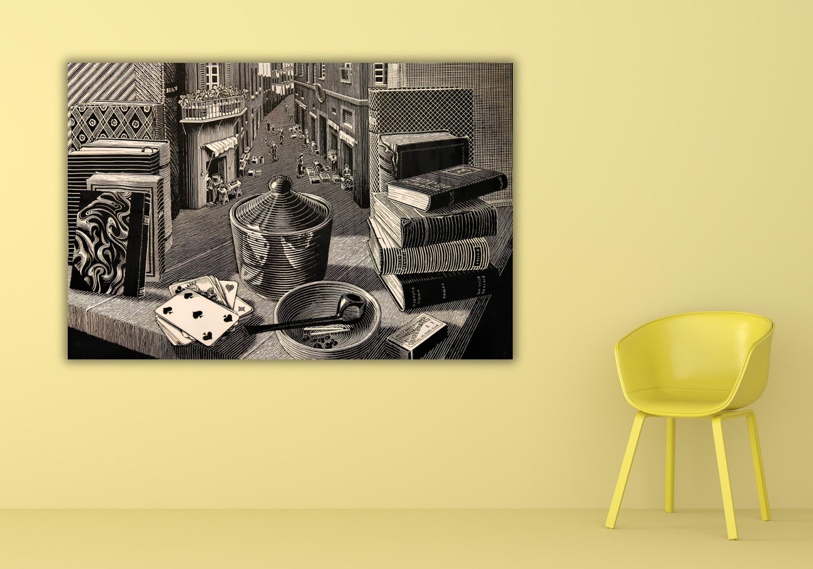 M C Escher Still Life and Street 1937 Optical Illusion Poster - Image 2