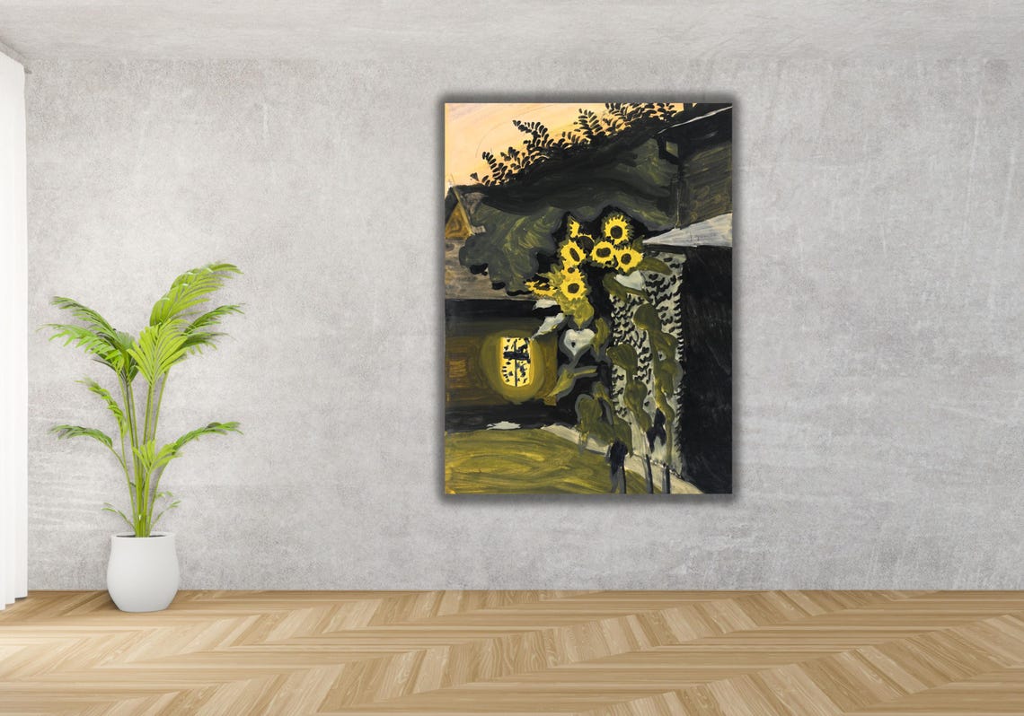 Dark Expressionist Sunflowers Against a Night House Painting Poster - Image 3
