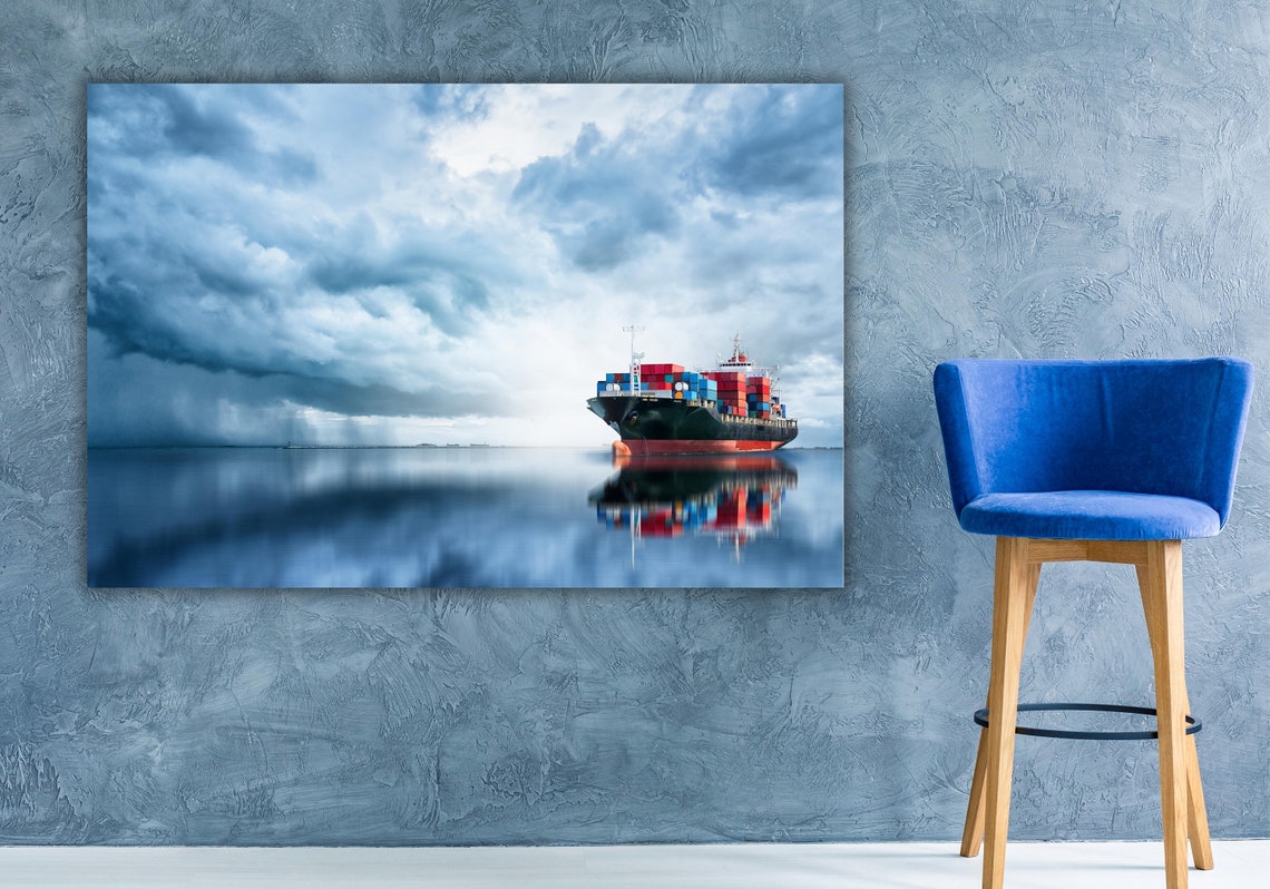 Container Cargo Ship Storm Clouds Calm Sea Reflection Photo Poster - Image 3
