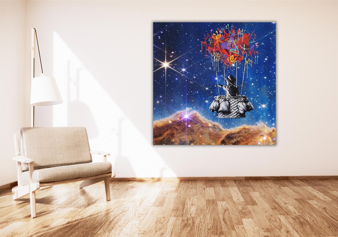 Child Hot Air Balloon Starry Cosmic Night Sky Graffiti Art Poster - Image 3