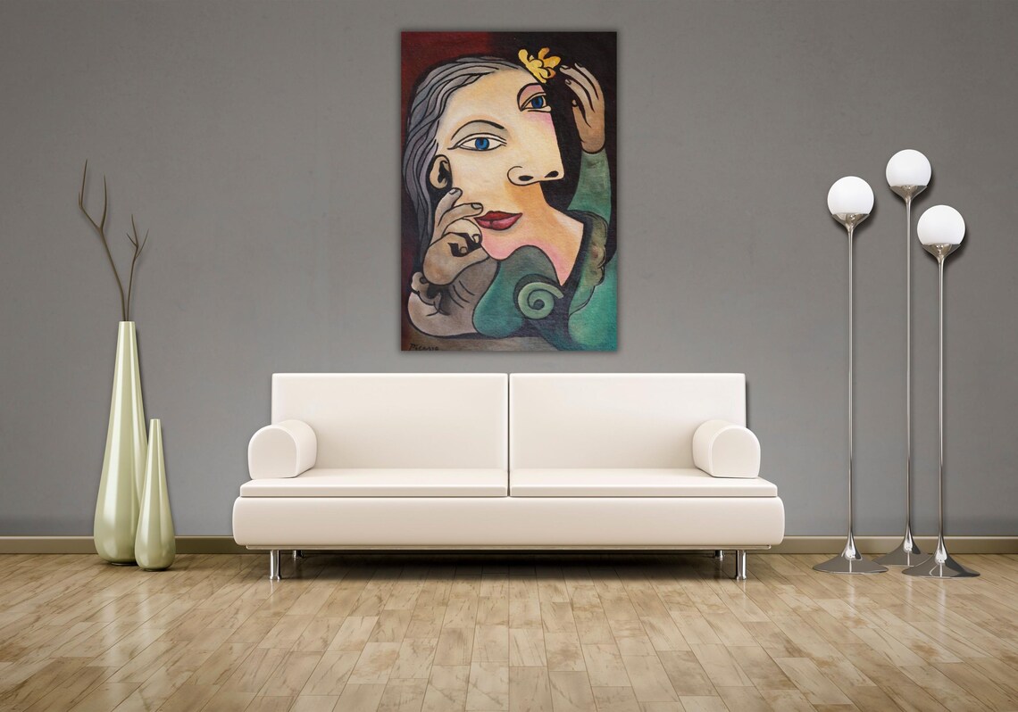 Pablo Picasso Cubist Woman Portrait Green Dress Red Background Poster - Image 2