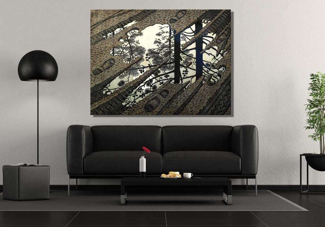 MC Escher Puddle Tree Reflection Optical Illusion Woodcut Poster - Image 2