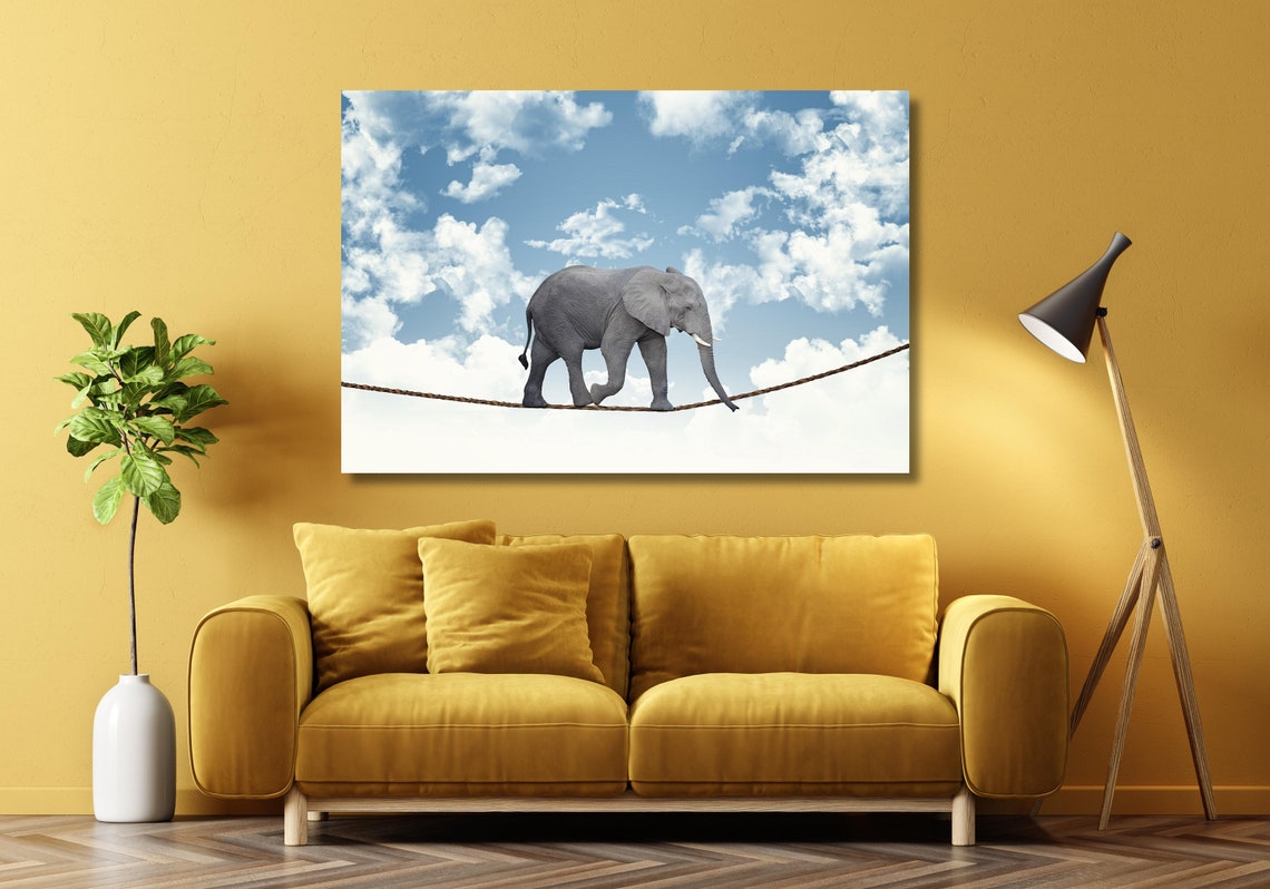Elephant Walking Tightrope Surreal Blue Sky Clouds Art Poster - Image 3
