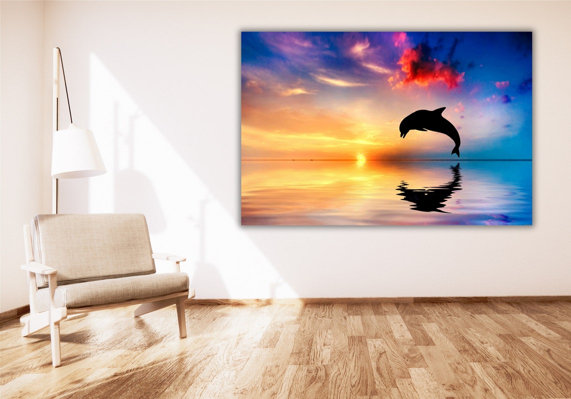 Dolphin Silhouette Leaping At Sunset Ocean Reflection Wildlife Poster - Image 3
